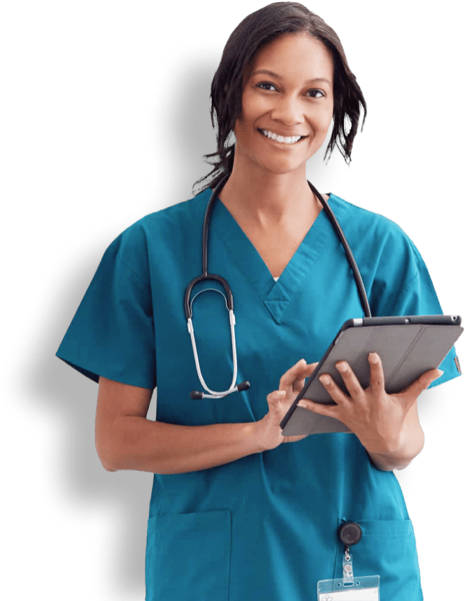 Smiling female healthcare professional in teal scrubs with a stethoscope around her neck, holding and using a digital tablet